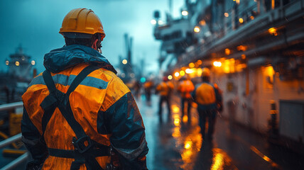 Obraz premium A team of industrial workers conducting maintenance on heavy equipment, all wearing reflective vests and safety harnesses, with the industrial backdrop showcasing precision and care