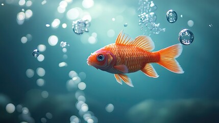 A Single Orange Goldfish Swimming in Blue Water with Bubbles