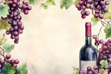 frame model - Watercolor illustration featuring a wine bottle and glass with grapevines, offering space for text on a light background.