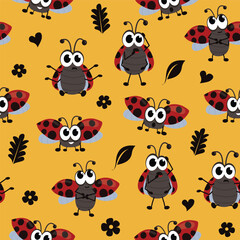 Seamless pattern design of ladybug with different emotions on yellow background. Graphic texture for package, wallpaper,  wrapping paper, label, fabric, print, advertising