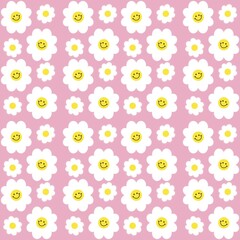 Daisy with smiling faces seamless pattern Pink Background