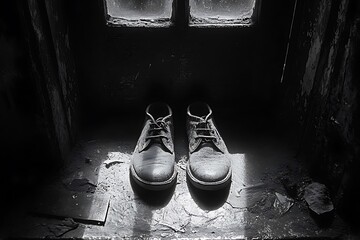 A solitary pair of shoes left outside a door, a minimalist act of giving.