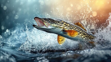 A largemouth bass leaps from the water. This image is ideal for a website or brochure promoting fishing.