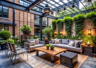 Fototapeta premium Urban modern outdoor decor with industrial accents and greenery