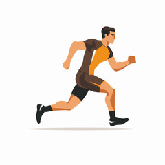 A man is running in a cartoonish style. He is wearing a brown shirt and shorts. The man is running with his arms outstretched, and his legs are spread apart. Concept of energy and motion