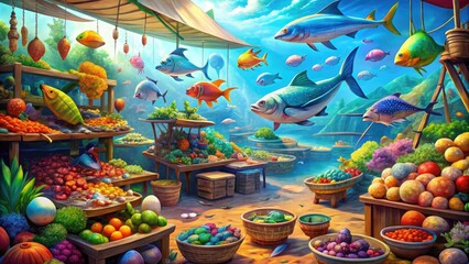 Fototapeta premium Vibrant 3D illustration of a bustling fish market showcasing colorful seafood stalls, nets, and various fish species in a lively, stylized underwater environment.