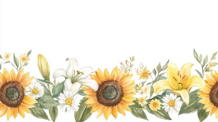 A vibrant floral border featuring sunflowers, lilies, and daisies, perfect for spring-themed designs and invitations.