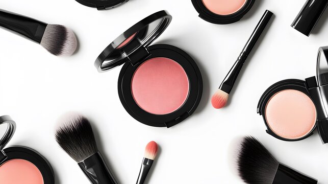 A realistic top view of blush and highlighter compacts with open lids, brushes scattered around, set on a clear white background