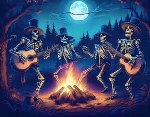 A skeleton jug band playing and dancing in the moonlight of a forest with a campfire in front of the band