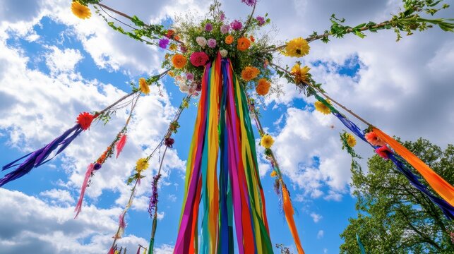 Colorful maypole adorned with flowers and ribbons under a bright sky