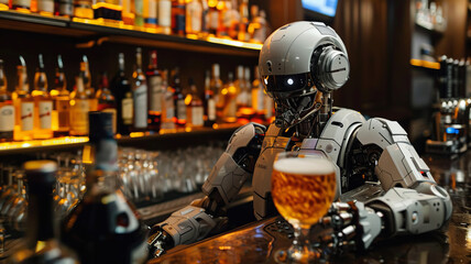 the android bartender robot stands at the bar against the background of alcohol with a glass full of alcohol,