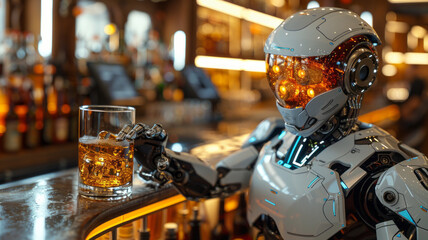 the android bartender robot stands at the bar against the background of alcohol with a glass full of alcohol,