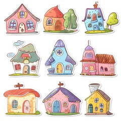 sticker pack of cute cartoon house home in pastel colors, white background, vector art illustration