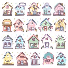 sticker pack of cute cartoon house home in pastel colors, white background, vector art illustration
