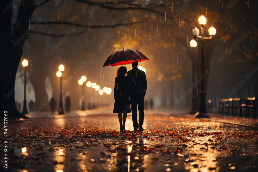 Canvas Prints A couple sharing an umbrella in the rain. Concept of mutual support. Generative Ai.