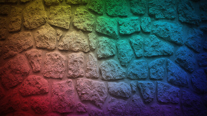Colorful stone wall with a vibrant gradient overlay featuring hues of red, green, blue, and purple, perfect for backgrounds, wallpapers, or artistic design projects