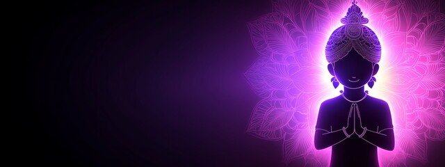 Inner Peace, Illuminated: A serene silhouette of Buddha glows with purple aura, radiating tranquility and spiritual awakening on a dark background, ideal for mindfulness and meditation concepts. 