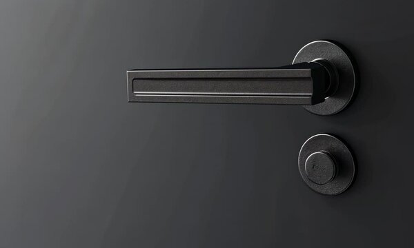 A modern black door handle on a dark door presents a minimalist detail of interior design