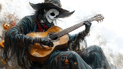A ghostly minstrel playing a haunting tune, adorned with Halloween party masks, ethereal and eerie, digital painting, isolated on white background