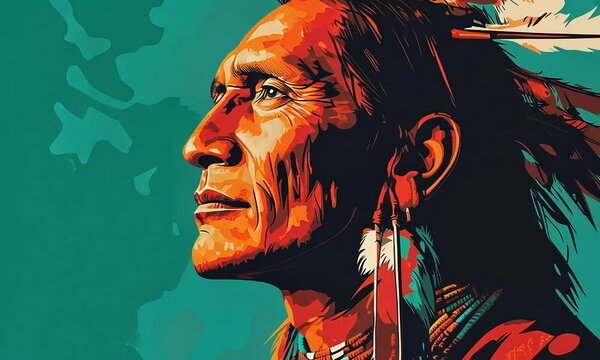 Colorful illustration of Native American man in profile with ai generated.

