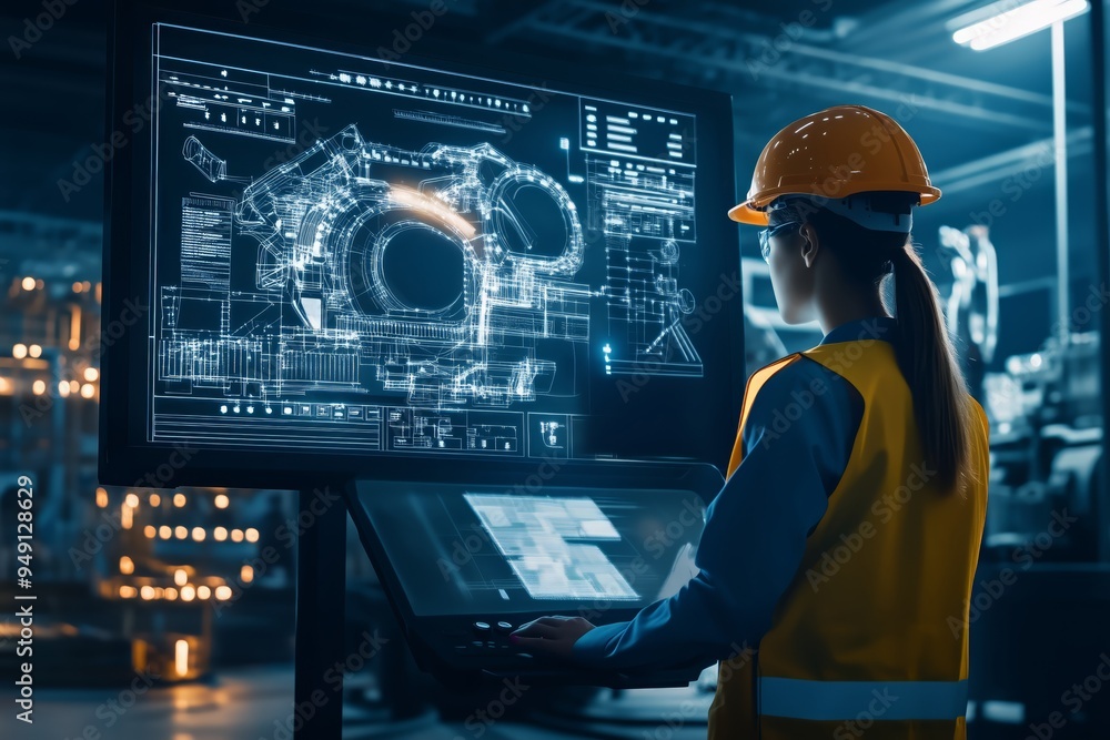 Poster engineering the future: female engineer in a hardhat analyzes blueprints on a digital interface with