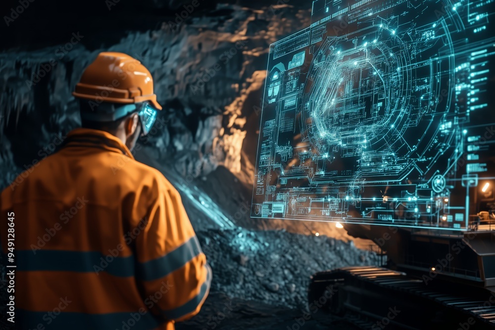 Poster mining the future: a lone miner, clad in safety gear, stands before a massive holographic display, v