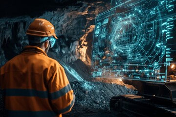 Mining the Future: A lone miner, clad in safety gear, stands before a massive holographic display, visualizing a complex network of data in a futuristic mining operation. The image captures the inters