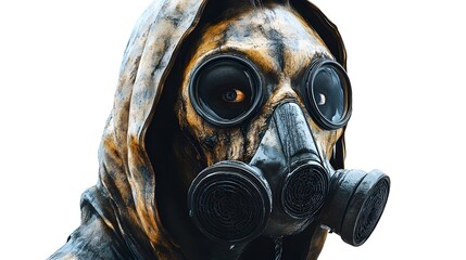 A grotesque plague zombie wearing a sinister Halloween party mask, dark horror theme, highly detailed digital art, isolated on white background