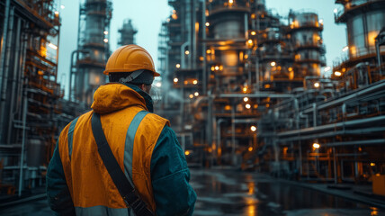 A team of industrial workers conducting maintenance on heavy equipment, all wearing reflective vests and safety harnesses, with the industrial backdrop showcasing precision and care