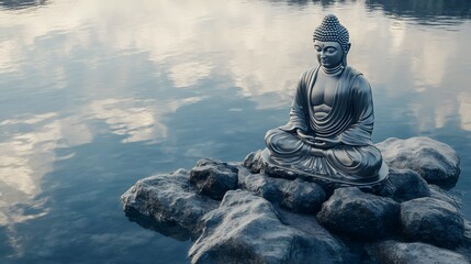 Buddha Statue Serenely Seated on Rocky Outcrop Surrounded by Calm Waters