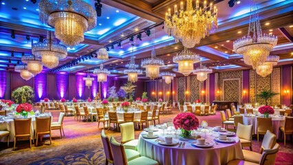 Vibrant conference hall filled with elegantly set tables, sparkling chandeliers, and colorful decorations, perfect for weddings, galas, or corporate events, conveying luxury and sophistication.