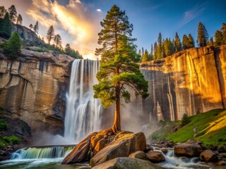 Vernal Fall in the evening, as a massive, ancient tree grows out of the rock face, its branches embracing the falls like a guardian spirit.