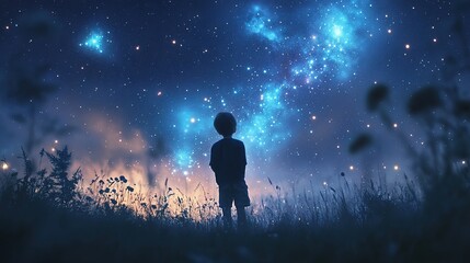 Fototapeta premium A child stands in a field, gazing up at a mesmerizing night sky filled with stars