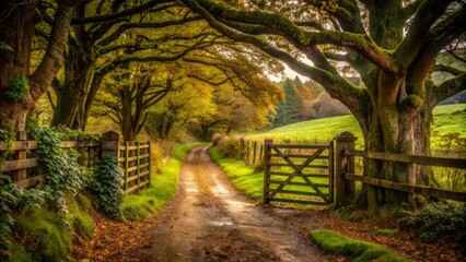 A rustic gate hangs crookedly from a wooden post, leading to a secluded rural road that disappears into a tunnel of gnarled tree branches, where secrets are whispered to those who dare to listen