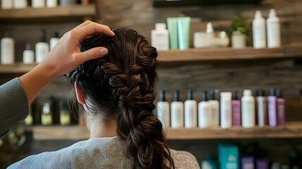 Fototapeta premium A hairstylist's hands skillfully braiding a client's hair, shelves in the background stocked with hair care products like shampoos, conditioners, and sprays, no faces shown