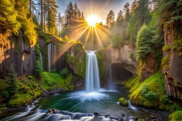 Toketee Falls after the rain crystallizes into a shimmering veil of diamonds, suspended in mid-air as the sun bursts through the mist.