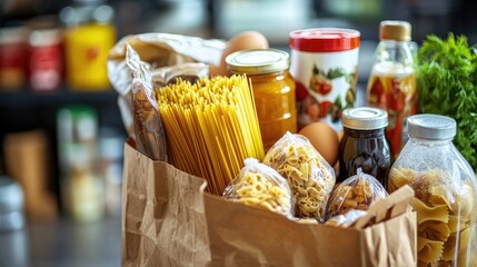 A brown paper bag filled with various food items. This image represents a typical grocery shopping experience.