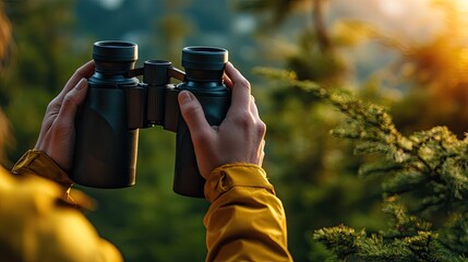 Fototapeta premium A person uses binoculars to view nature. This photo can be used to illustrate a blog post about nature observation or birdwatching.
