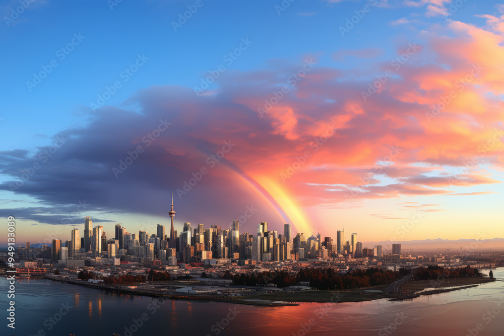 Poster a rainbow forming over a cityscape. concept of beauty after the storm. generative ai.