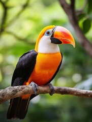 Fototapeta premium Vibrant Toucan Perched on Branch in Lush Greenery