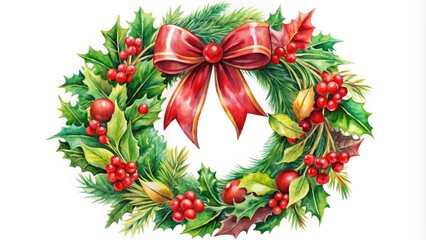 Fototapeta premium Vibrant, hand-drawn Christmas wreath adorned with intricate holly, berries, and ribbons, suspended on a white background, evoking a festive and whimsical holiday atmosphere.