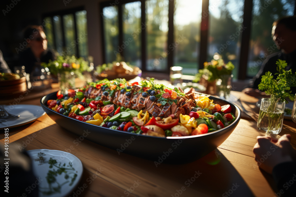 Poster a family sharing a meal around a large table. concept of unity and tradition. generative ai.