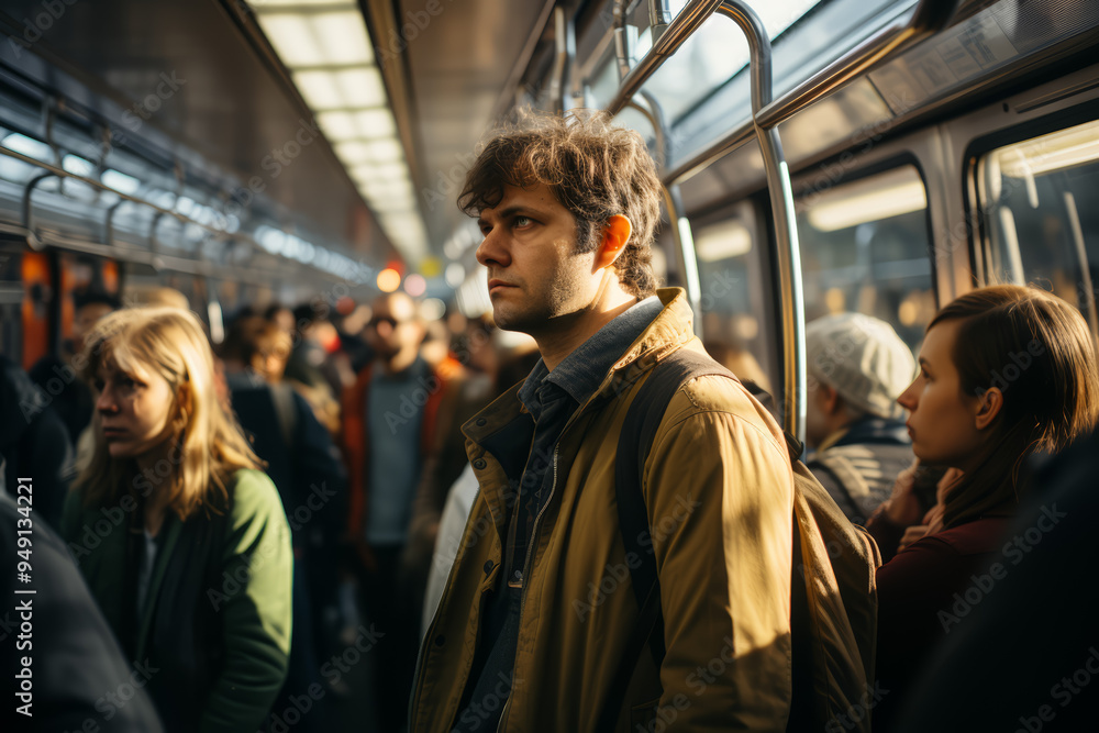 Aufkleber people commuting on a packed train. concept of daily life and routine. generative ai.