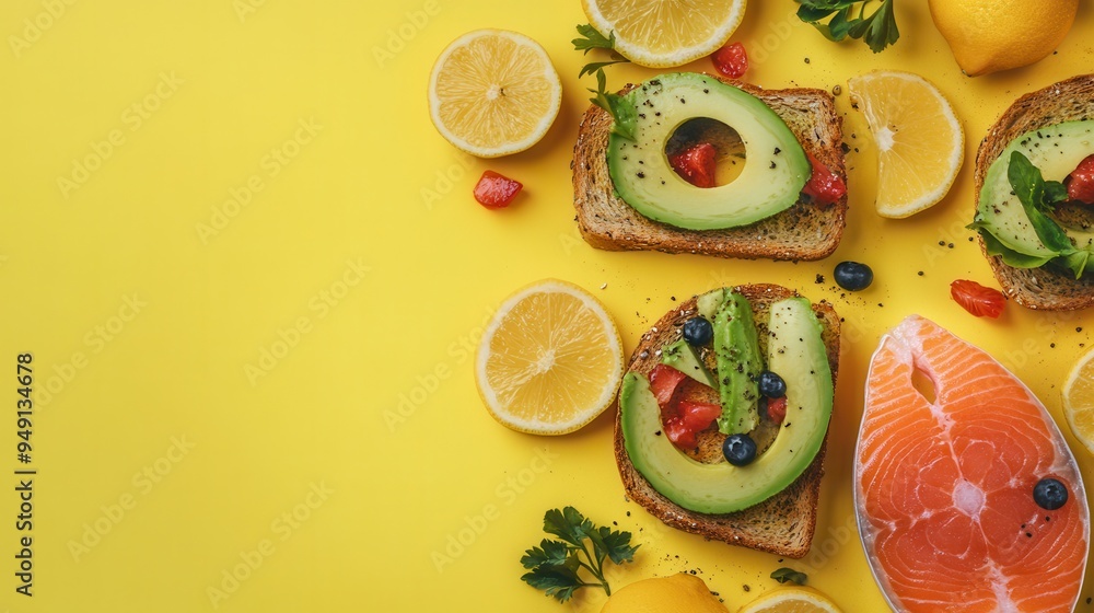 Aufkleber enjoy a colorful breakfast featuring avocado toast topped with fresh ingredients, succulent salmon, 