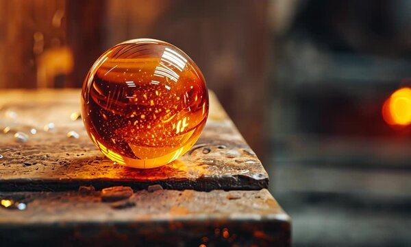 A glowing molten glass ball on the end of a pipe in a warm workshop, showcasing the art of glassblowing