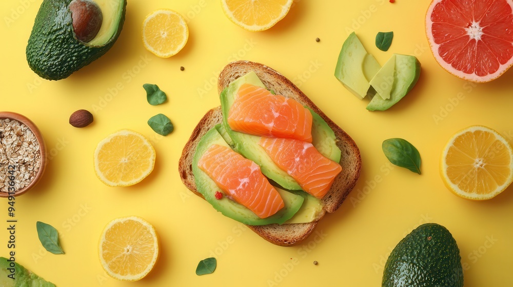 Poster this breakfast showcases delectable avocado toast adorned with fresh salmon and surrounded by vibran