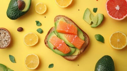 This breakfast showcases delectable avocado toast adorned with fresh salmon and surrounded by vibrant citrus fruits on a yellow backdrop. Generative AI