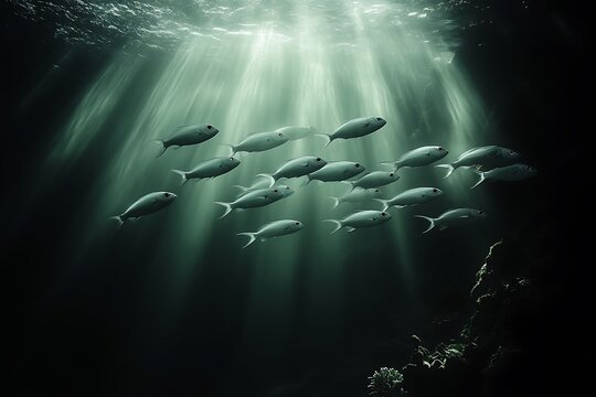 A school of fish swims in unison through sunlit ocean depths.