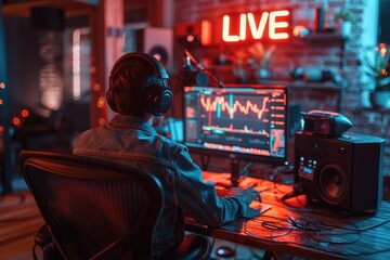 Studio content creator: blogger livestreamer employing a phone, podcast microphone for streaming, delivering business reviews, engaging audience, promoting via live sessions, optimizing online reach.