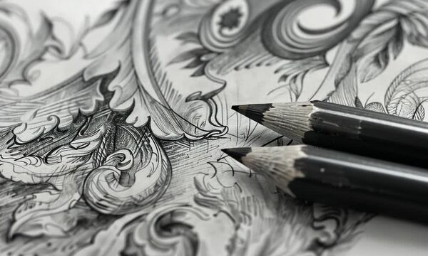 Black and white detailed pencil sketching with intricate patterns several pencils